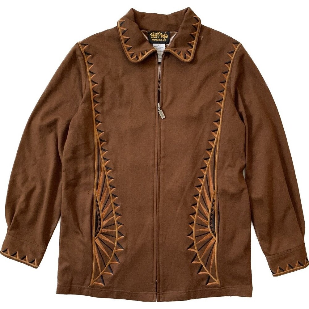 Bob Mackie Wearable Art Embroidered Design Brown Full Zip Womens S Jacket